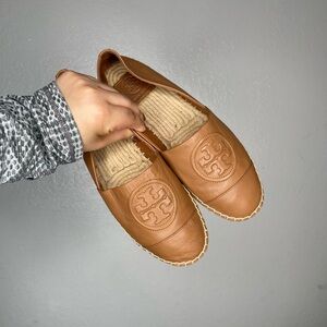 Tory Burch Tan Leather Logo Espadrille Slip-Ons
